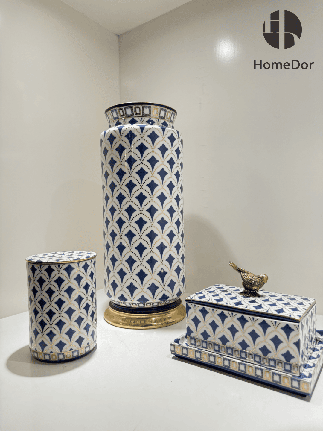 Exquisite Blue and White Porcelain Table Decor Set with Geometric Patterns and Golden Accents5