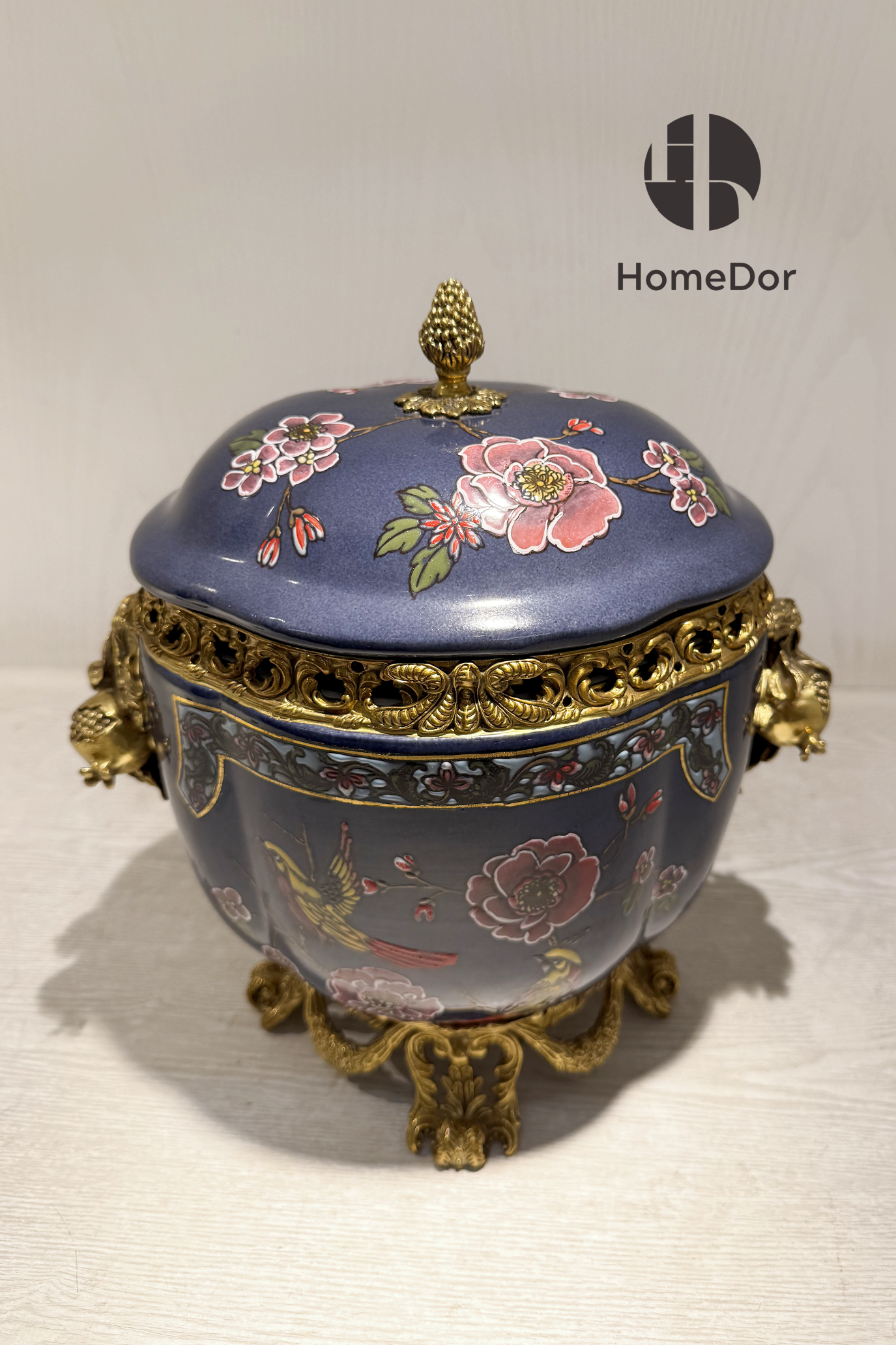 HomeDor × FH&Home | Dark Blue Porcelain Box with Floral-Bird Motifs