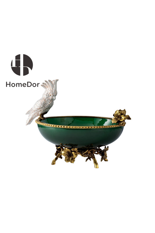 Exquisite Green Porcelain Fruit Platter with Parrot and Floral Accents