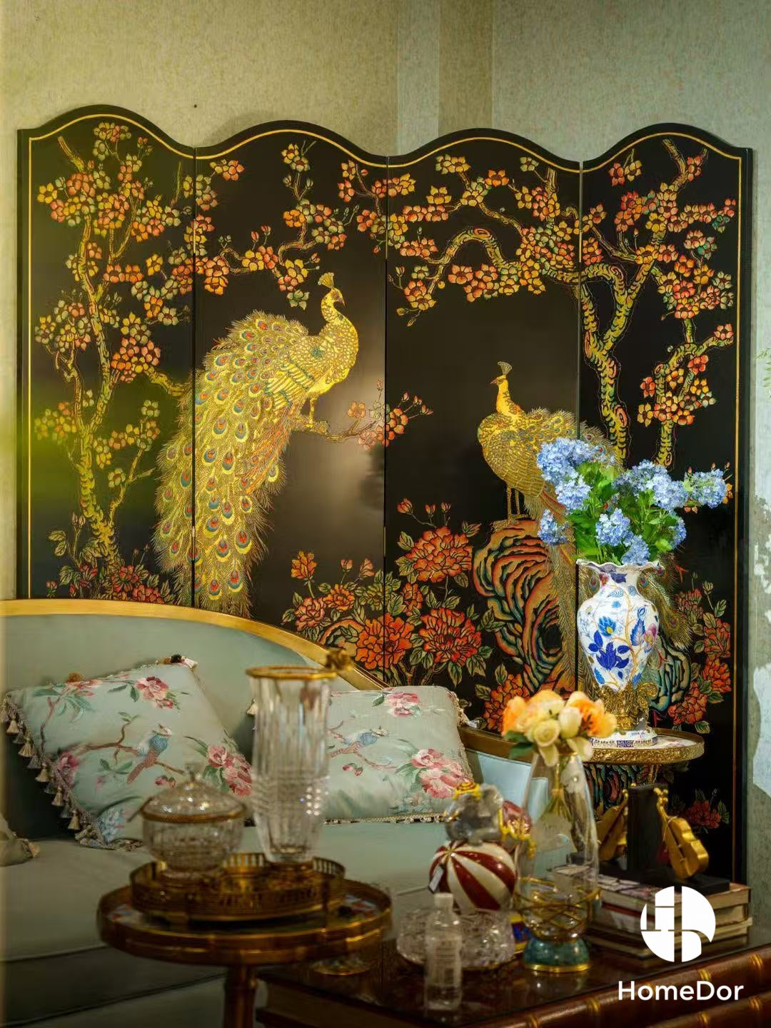 Exquisite Hand Painted Vivid Peacock Room Divider with Ornate Floral Artistry
2