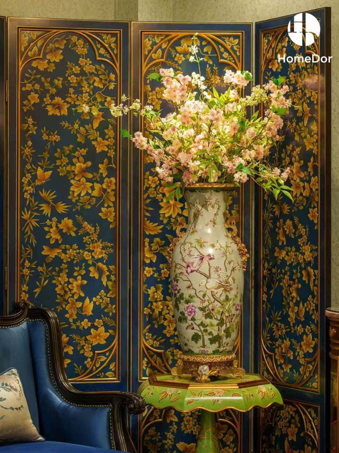 Eye-Catching Blue and Gold Toned 4-Panel Room Divider with Delicate Floral and Bird Patterns2