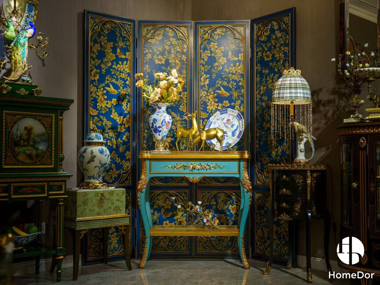 Eye-Catching Blue and Gold Toned 4-Panel Room Divider with Delicate Floral and Bird Patterns3