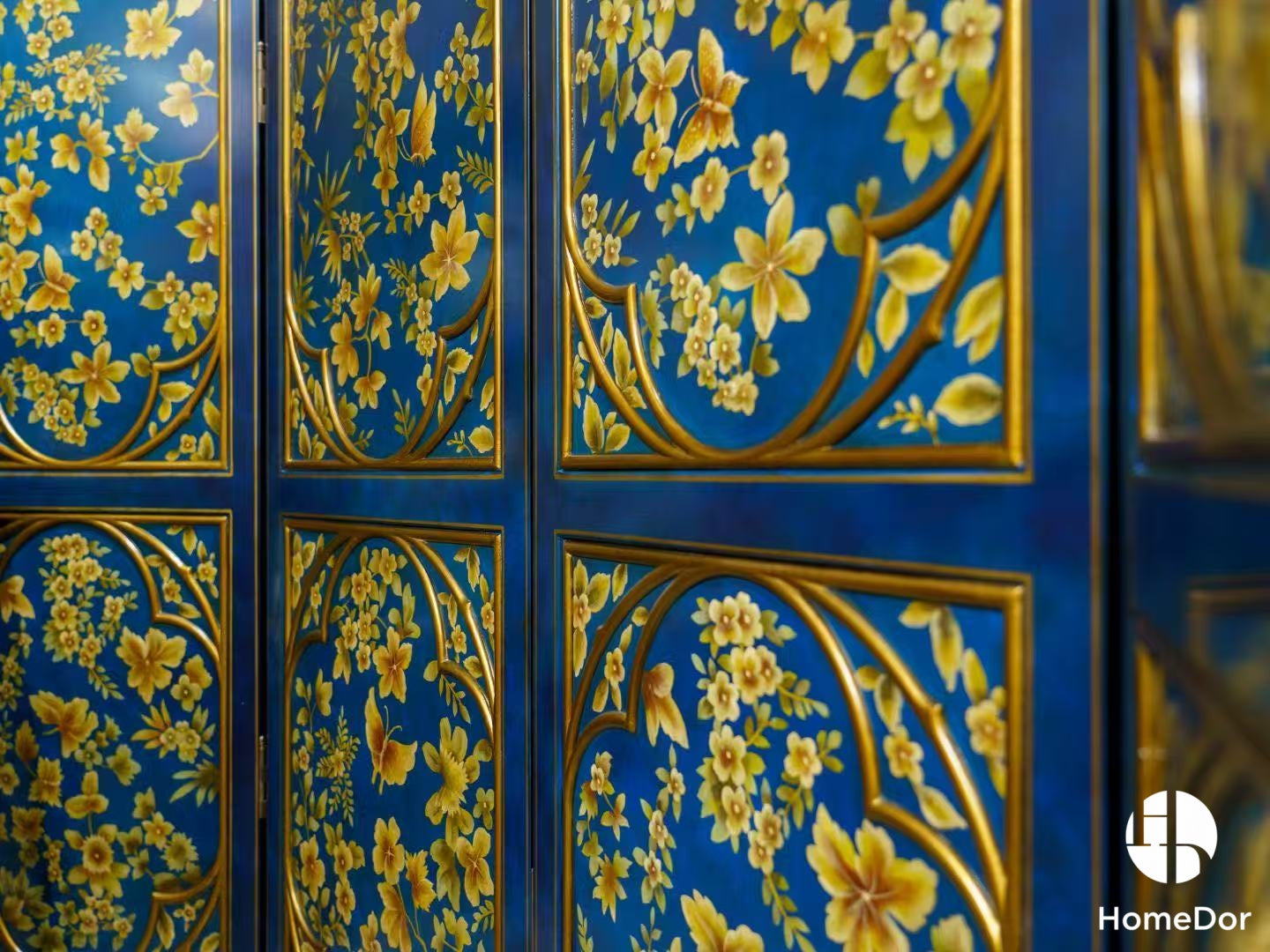 Eye-Catching Blue and Gold Toned 4-Panel Room Divider with Delicate Floral and Bird Patterns4