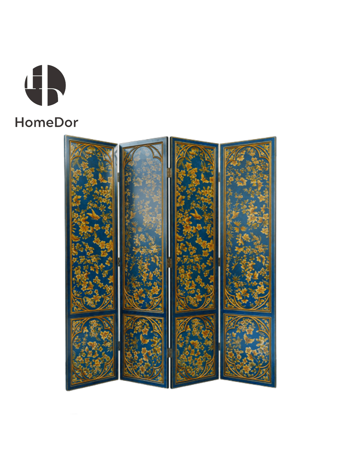 HomeDor Eye-Catching Blue and Gold Toned 4-Panel Room Divider with Delicate Floral and Bird Patterns-L51cm x H214cm x 4pcs-