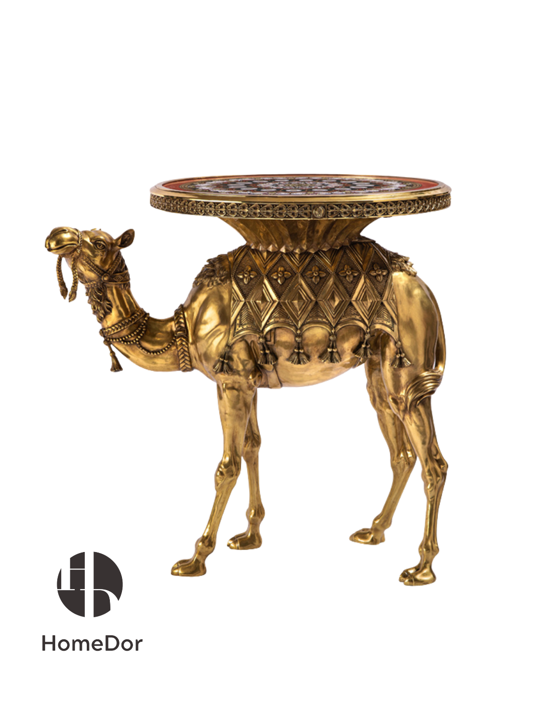 Gold camel-shaped side table with a decorative top on a white background, branded with HomeDor.