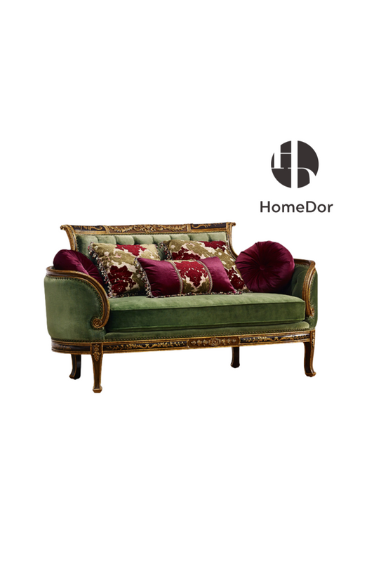 HomeDor HomeDor × FH&Home | Vintage French Style Velvet Green Sofa-2 Seater/L177cm × W86cm × H97cm-