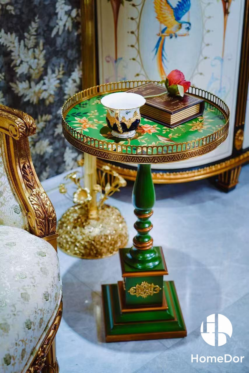 Vintage Style Green Round Tea/Coffee Table with Floral Patterns & Metal Accents