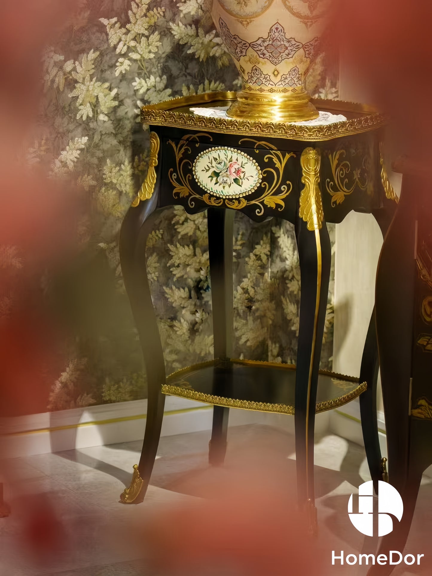 Vintage Inspired Black Side Table with Gold Accents & Floral Motif