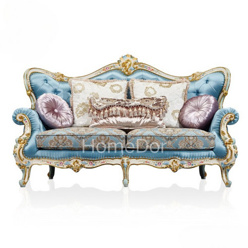 HomeDor × FH&Home | Blossom Crown Carved Mahogany Fabric Sofa Two/Three Seater Classic Floral Collection