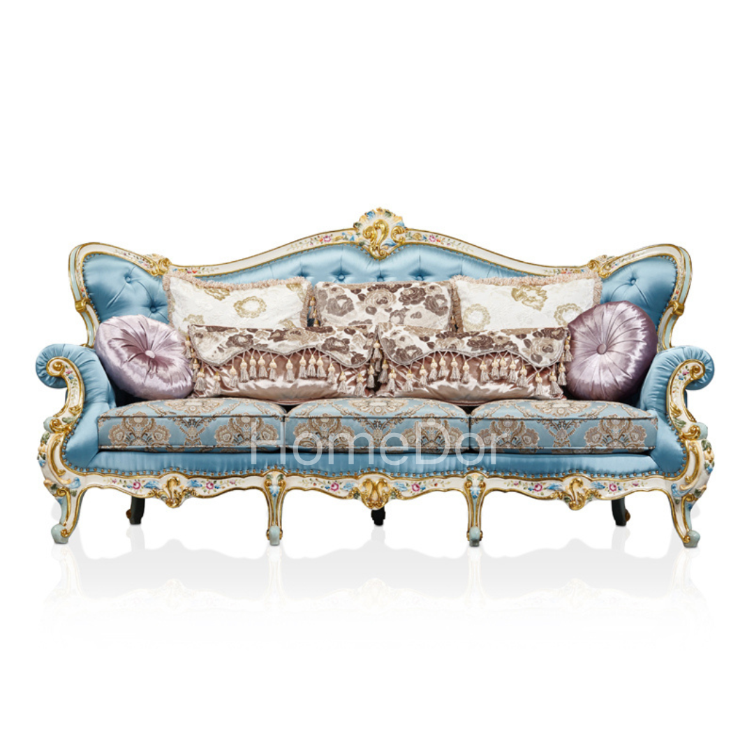 HomeDor × FH&Home | Blossom Crown Carved Mahogany Fabric Sofa Two/Three Seater Classic Floral Collection