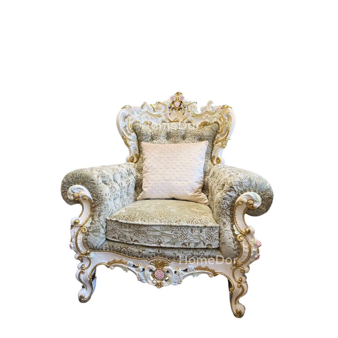HomeDor × FH&Home | Royal French Rose Mahogany Fairy Green Sofa with Artisan Carving