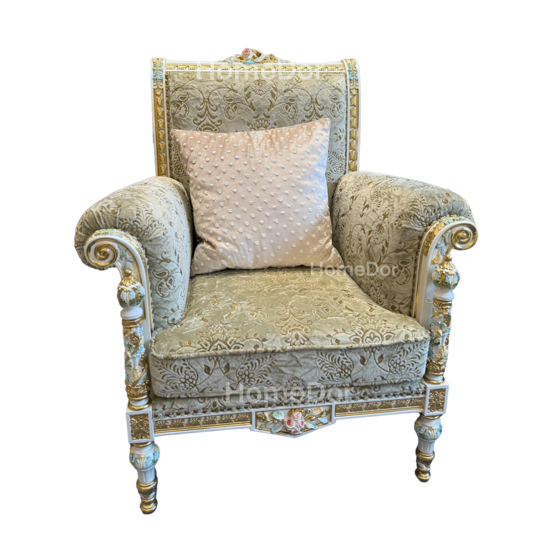 HomeDor × FH&Home | Royal French Rose Mahogany Fairy Green Sofa with Artisan Carving