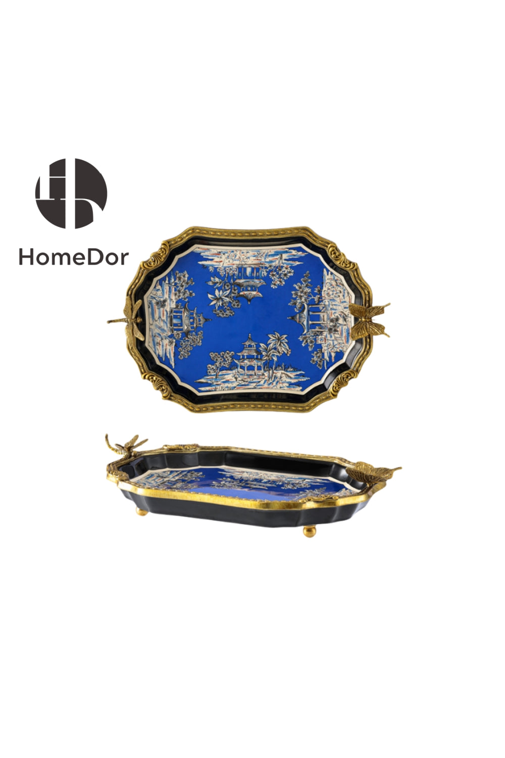 HomeDor × FH&Home | Elegant Blue Porcelain Decor Set with White Landscape Motifs