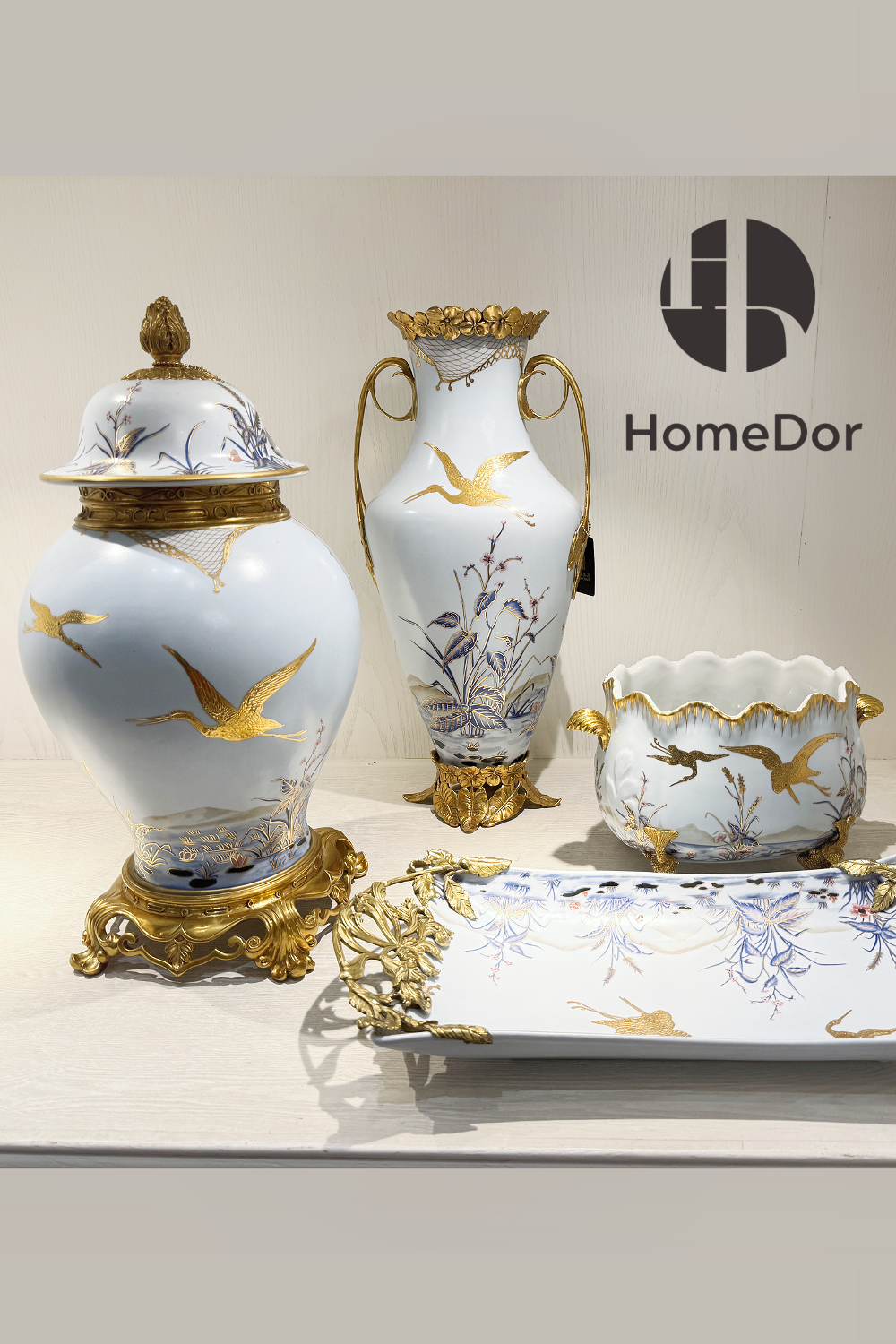 Elegant European Porcelain Table Decor Set with Gold-painted Crane Motifs