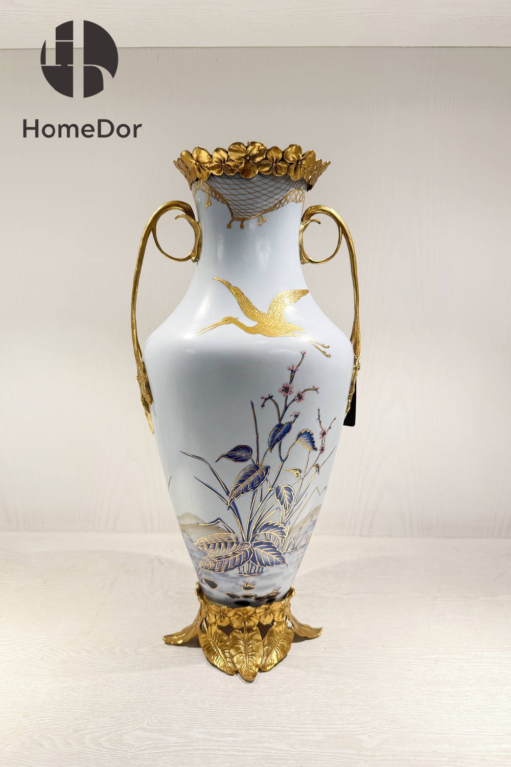 HomeDor Elegant European Porcelain Table Decor Set with Gold-painted Crane Motifs