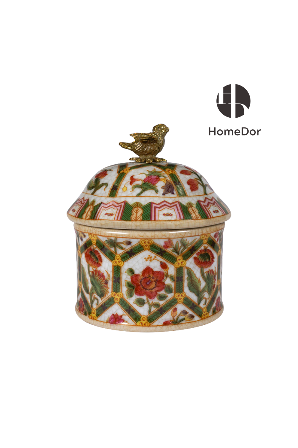 HomeDor Exquisite Hand-Painted Ceramic Jar with Brass Bird Accent