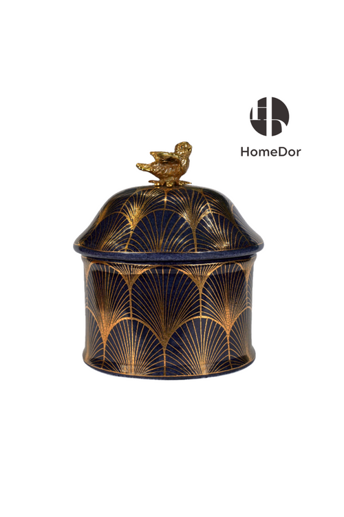 HomeDor Exquisite Hand-Painted Ceramic Jar with Brass Bird Accent