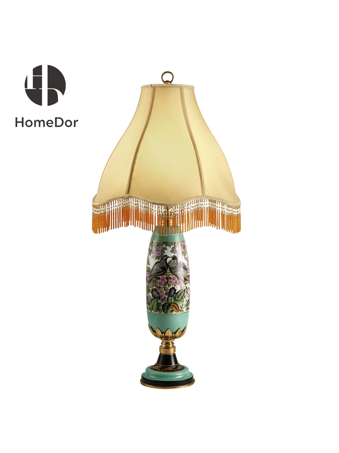 HomeDor × FH&Home | Art Deco Floral & Bird Painted Turquoise Table Lamp with Tassel Fringe Shade