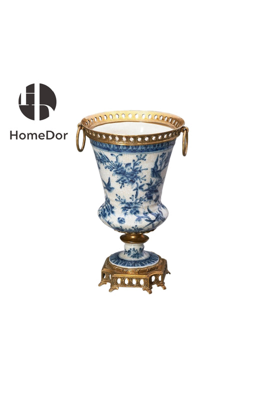 HomeDor × FH&Home | Blue-and-White Porcelain Vase with Brass Ring & Pedestal