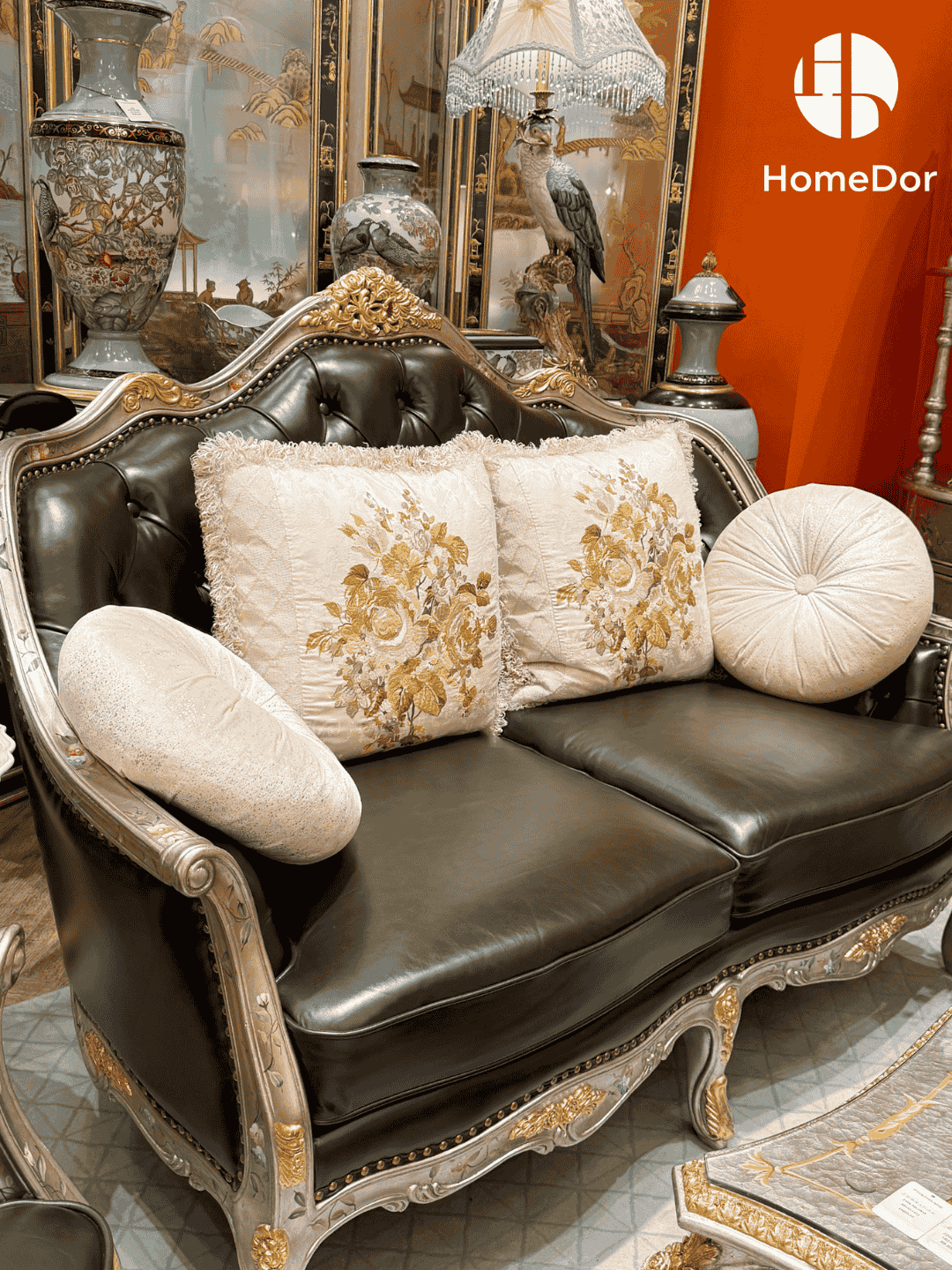 HomeDor × FH&Home | Classic French Chateau Style Handcrafted Carved Leather Sofa
