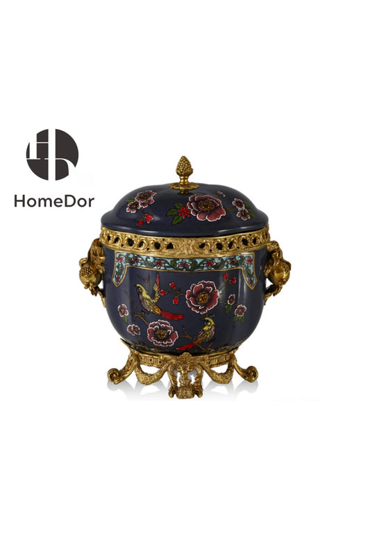 HomeDor × FH&Home | Dark Blue Porcelain Box with Floral-Bird Motifs