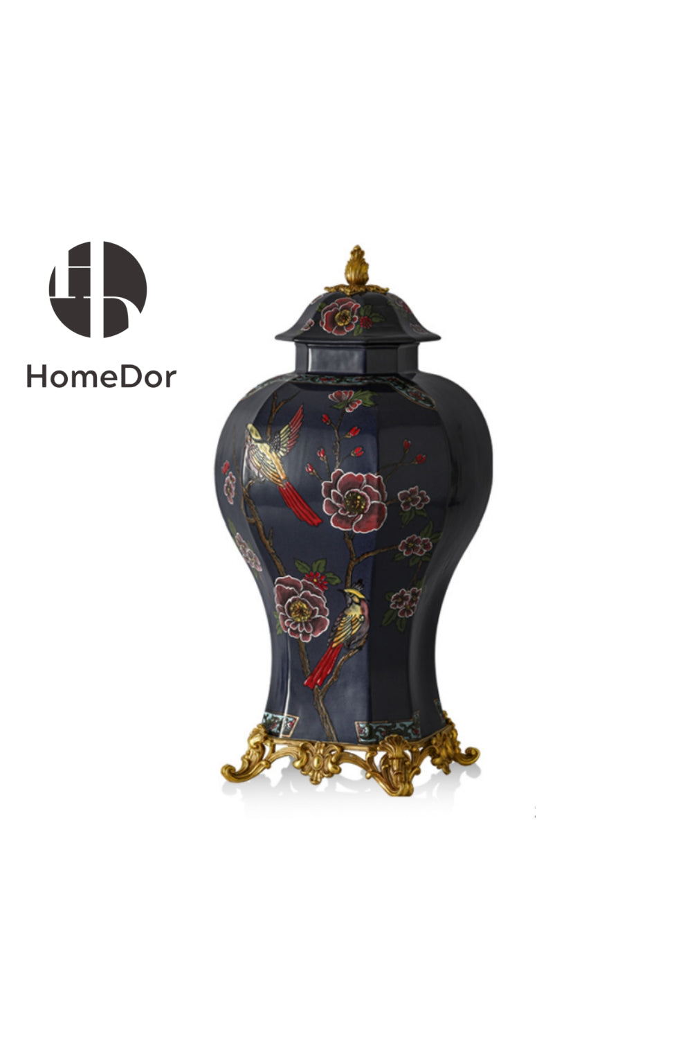 HomeDor × FH&Home | Dark Blue Porcelain Box with Floral-Bird Motifs