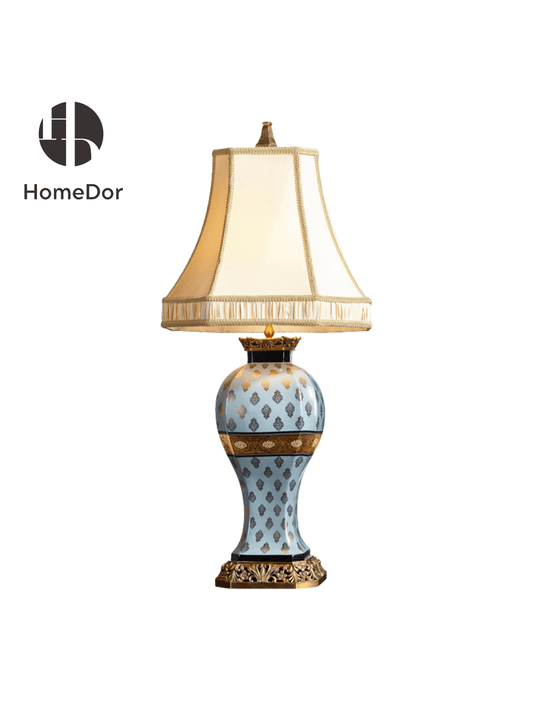 HomeDor × FH&Home | Elegant Blue & Gold Patterned Ceramic Table Lamp by Regis Dho