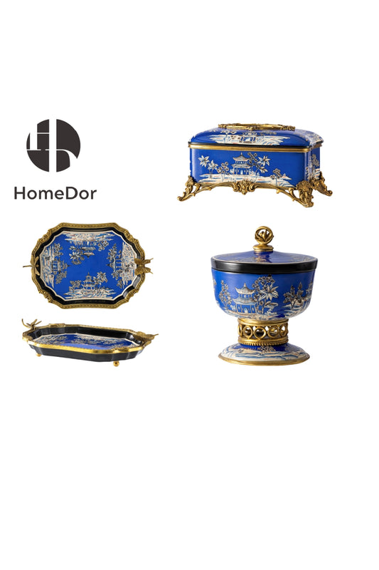 HomeDor × FH&Home | Elegant Blue Porcelain Decor Set with White Landscape Motifs