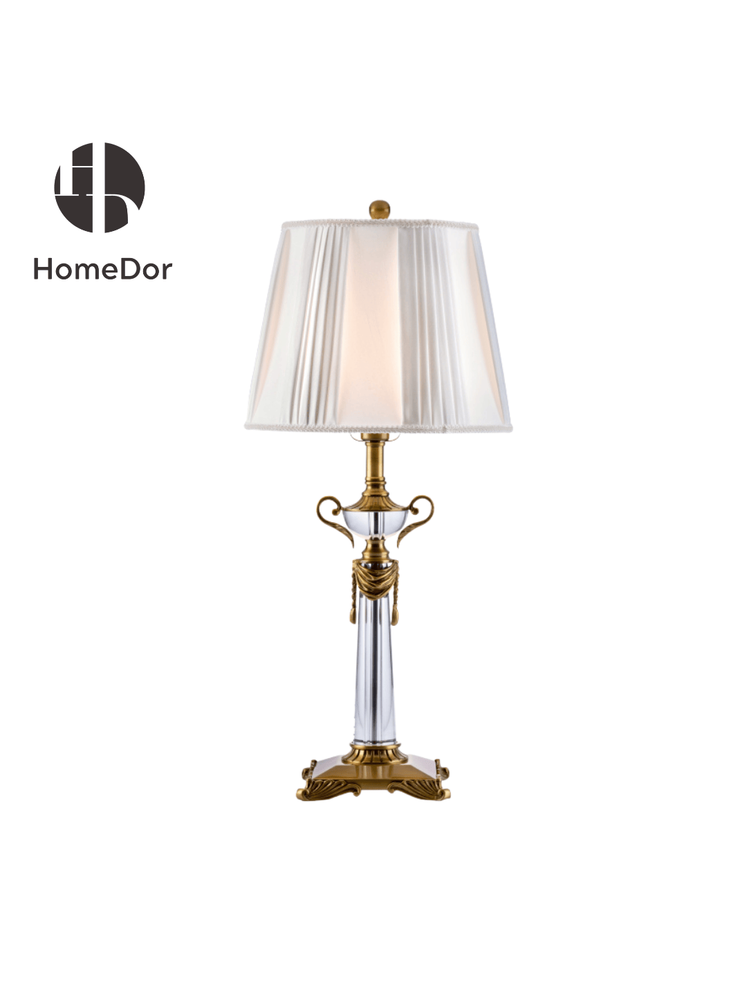 HomeDor × FH&Home | Elegant Crystal Column with Brass Accents & Pleated White Shade Table Lamp
