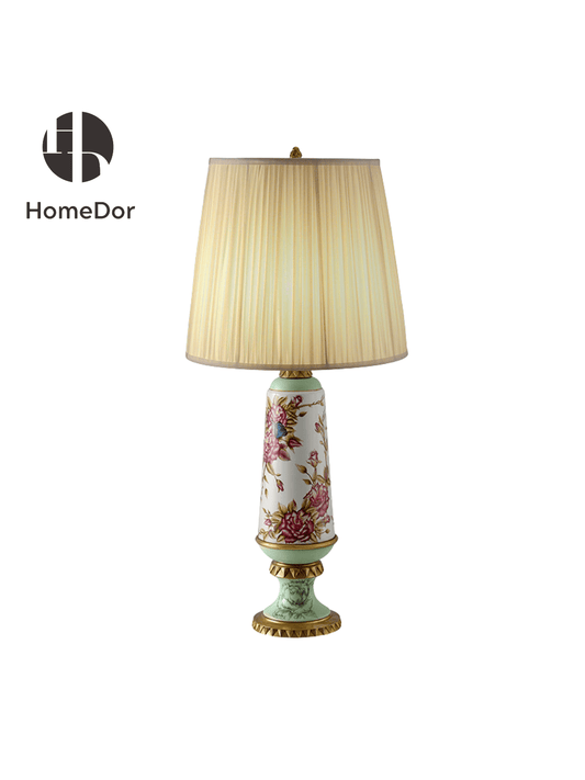 HomeDor × FH&Home | Elegant Floral Ceramic Mint Green Base & Gold Trim Table Lamp