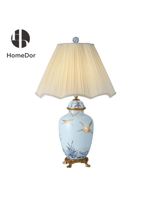 HomeDor × FH&Home | Elegant Gold - painted Crane Porcelain Table Lamp