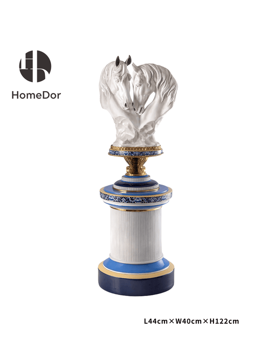 HomeDor × FH&Home | Elegant Porcelain Double Horse Head Sculptures with Decorative Pedestals