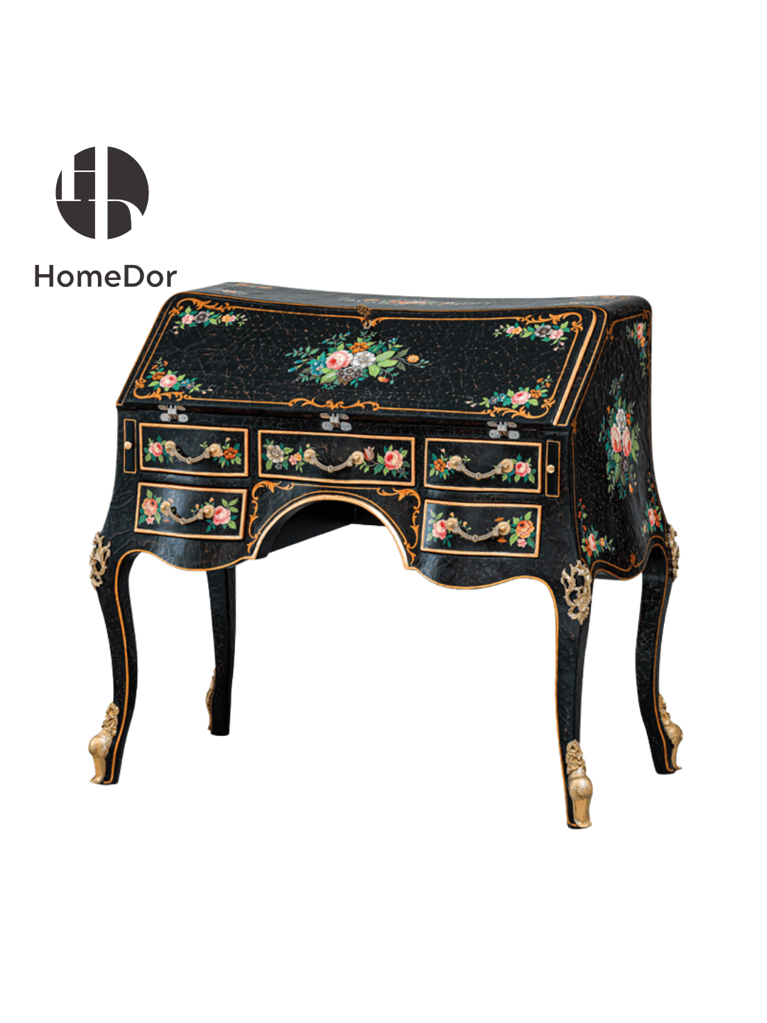 HomeDor × FH&Home | European - French Crackle Textured & Rose Painted Series Functional Secretary Desk with Gilded Trim