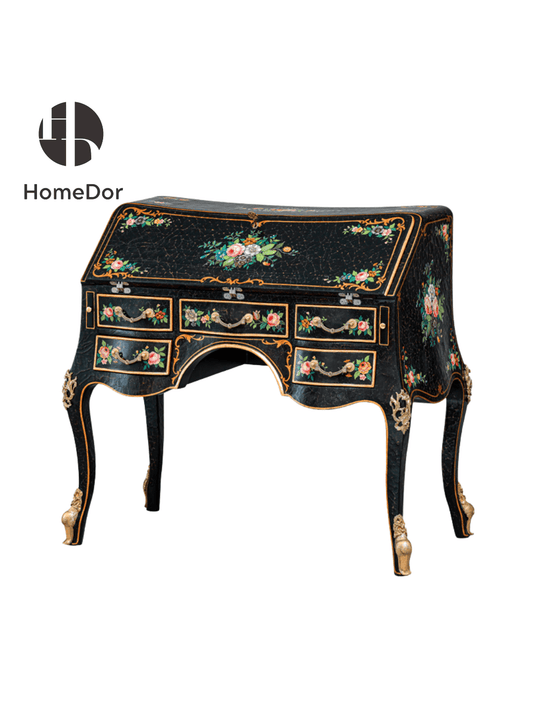 HomeDor × FH&Home | European - French Crackle Textured & Rose Painted Series Functional Secretary Desk with Gilded Trim
