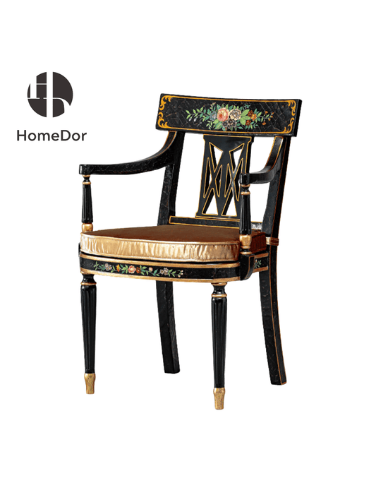 HomeDor × FH&Home | European - French Crackle Textured & Rose Painted Series Side Chair with Gilded Trim