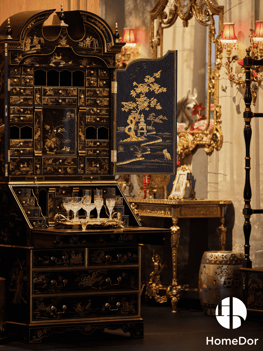 This Exquisite Black Lacquer Secretary Bookcase with Gold Oriental Scenes is a captivating and refined addition to the HomeDor collection. It combines the classic allure of a birch wood structure, the unique texture of carbonized poplar panels, the versatility of MDF, and the delicate charm of resin accessories, all brought to life with luxurious gold-oriental scenes on a black lacquer finish, resulting in a piece that radiates timeless elegance and sophisticated artistry.