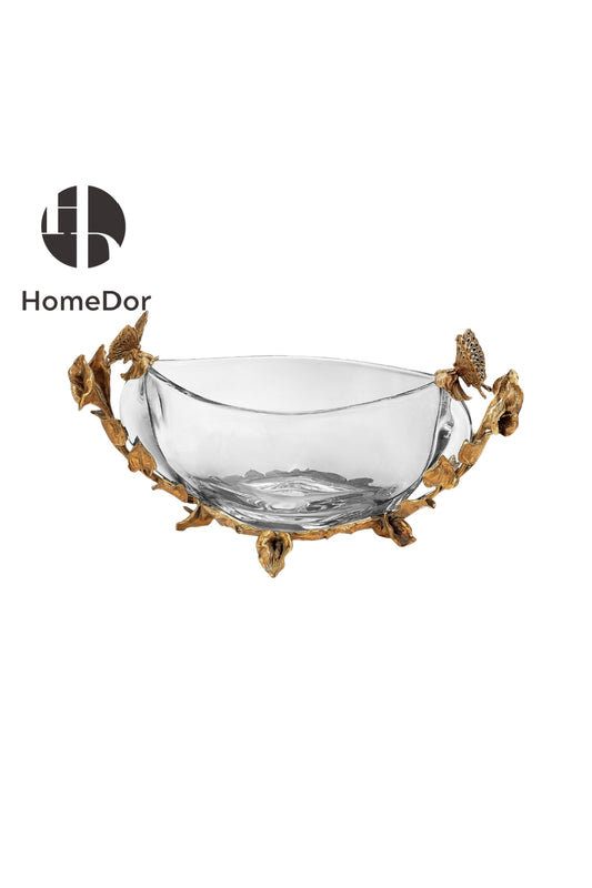 HomeDor × FH&Home | Exquisite Crystal Glass Fruit Platter with Brass Floral & Butterfly Accents