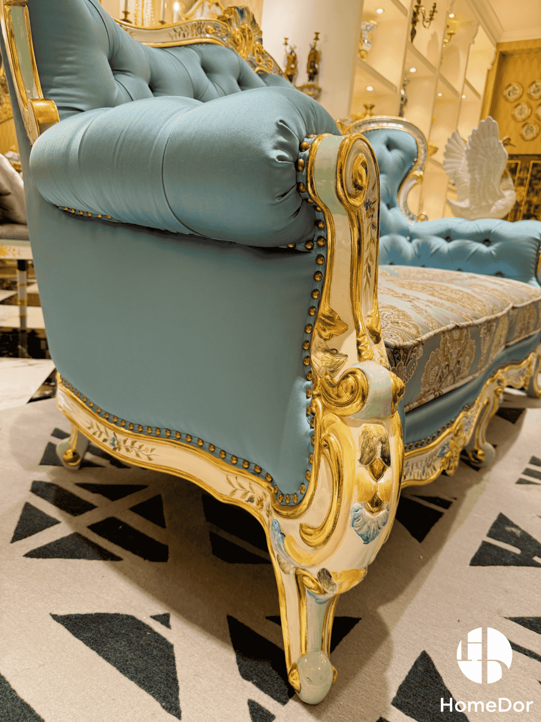HomeDor × FH&Home | Floral Collection Corolla Carved Mahogany Silky Blue Sofa1