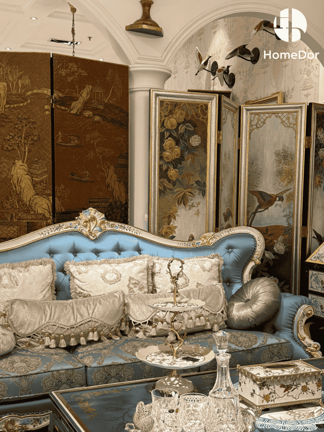 HomeDor × FH&Home | Floral Collection Corolla Carved Mahogany Silky Blue Sofa5