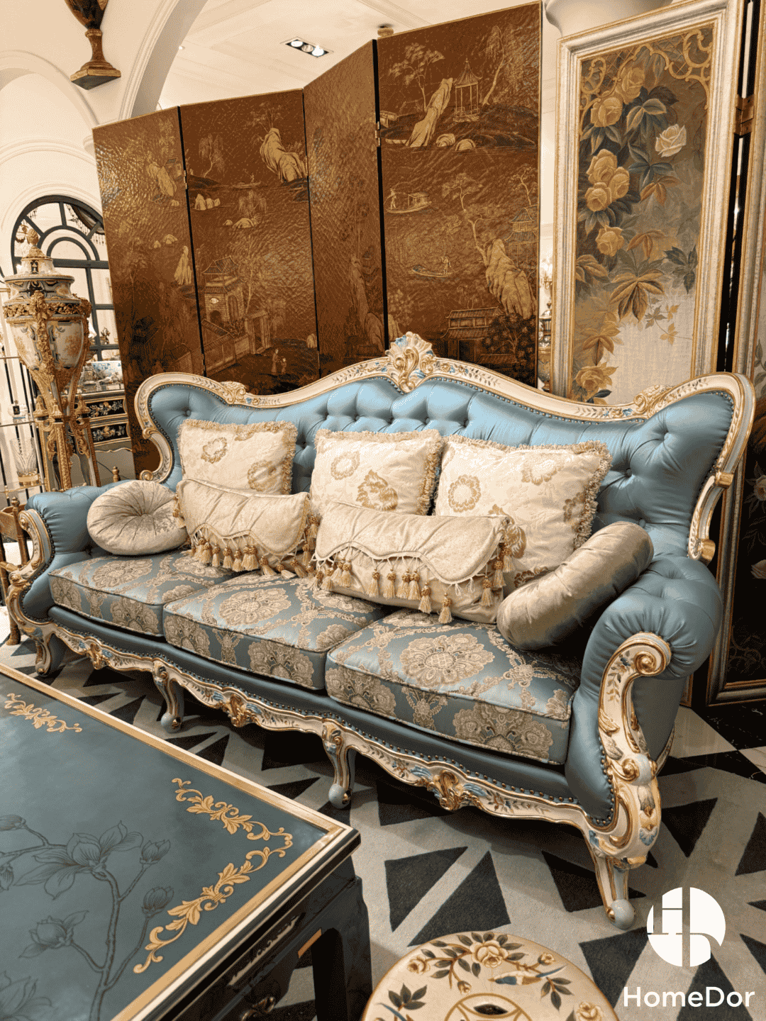HomeDor × FH&Home | Floral Collection Corolla Carved Mahogany Silky Blue Sofa6