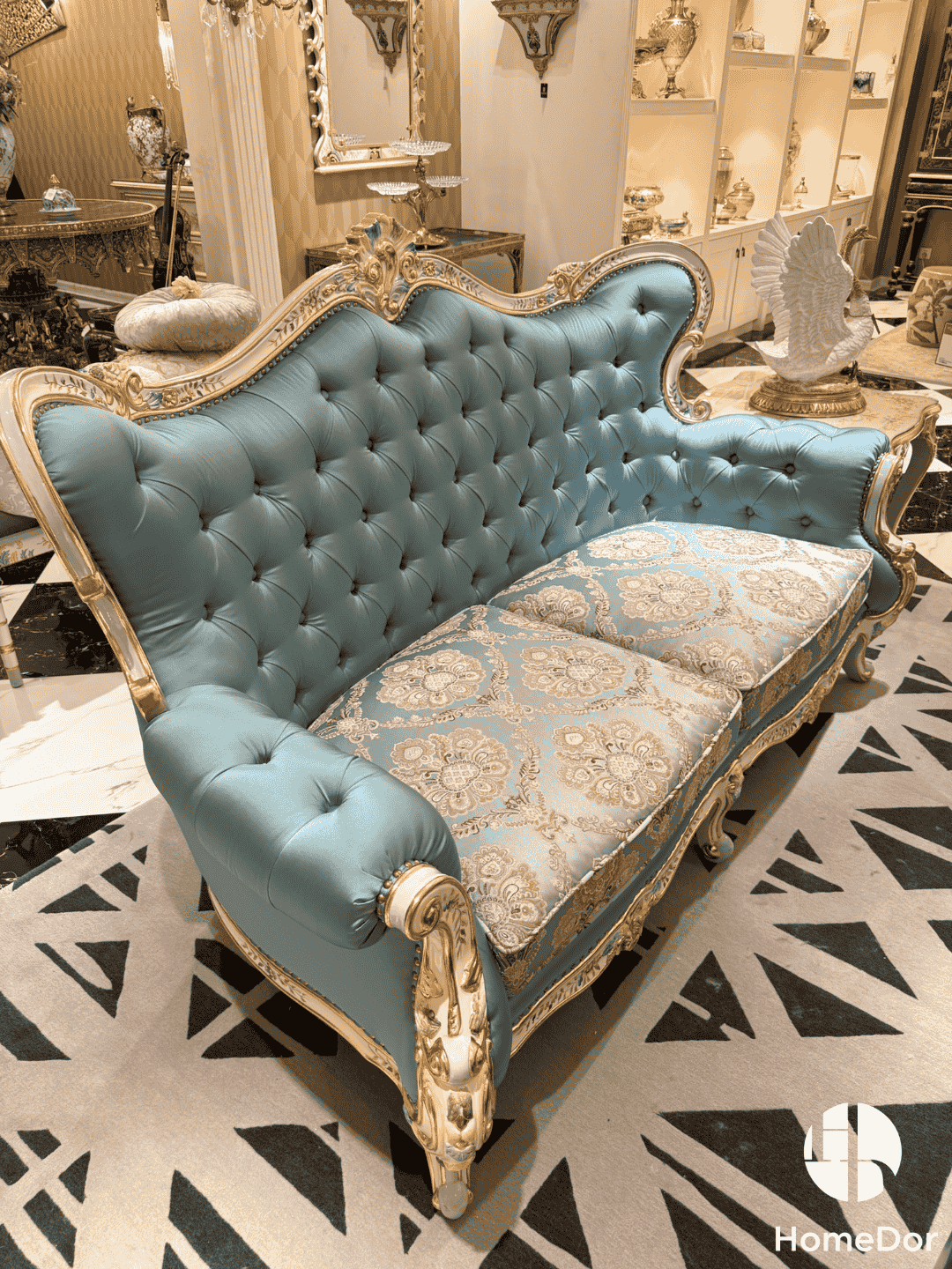 HomeDor × FH&Home | Floral Collection Corolla Carved Mahogany Silky Blue Sofa8