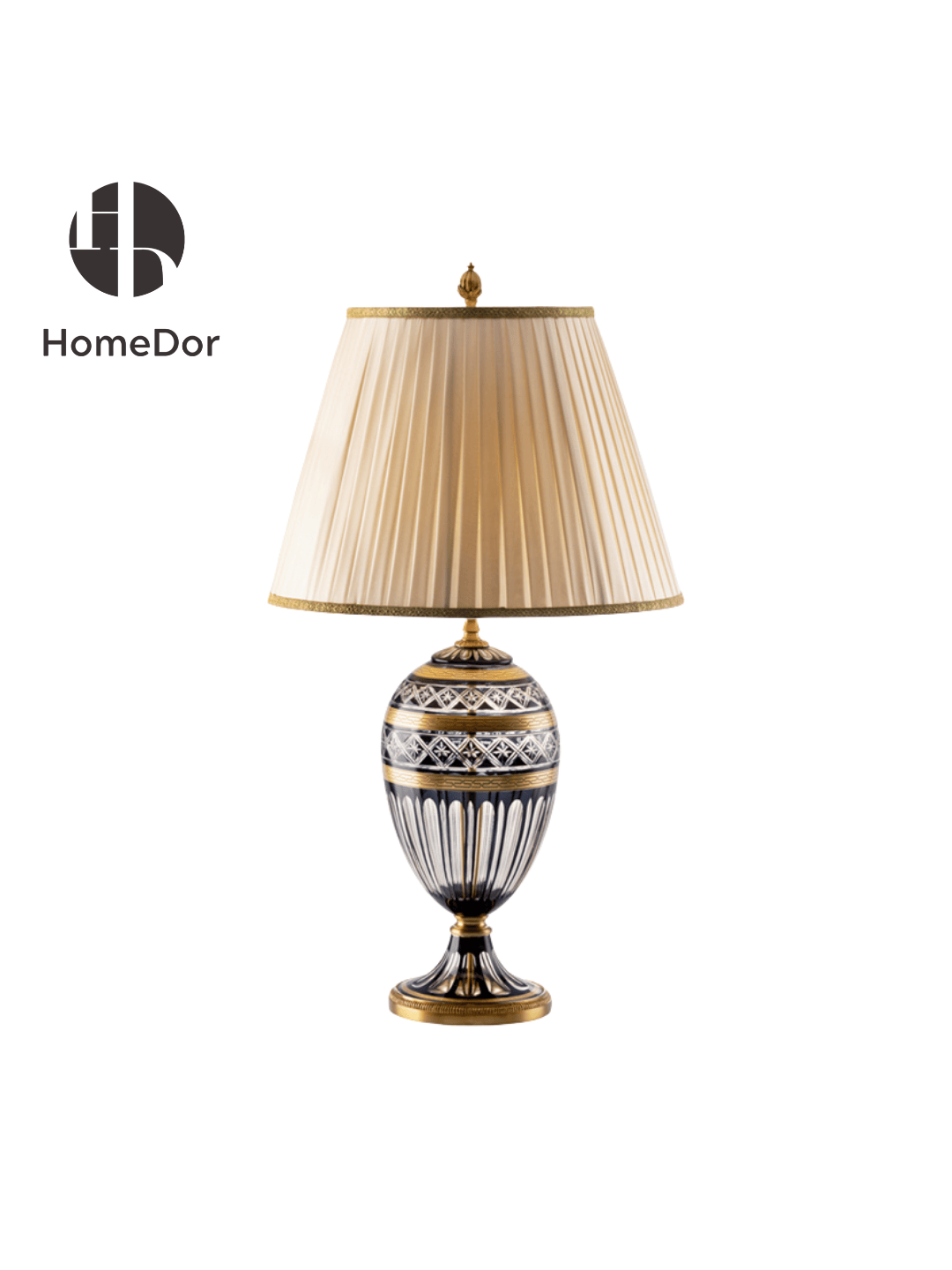 HomeDor × FH&Home | Luxury Black & Gold Geometric Carved Glass Table Lamp with Pleated Brass Trim Shade