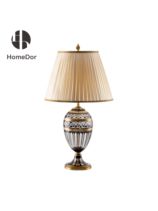 HomeDor × FH&Home | Luxury Black & Gold Geometric Carved Glass Table Lamp with Pleated Brass Trim Shade