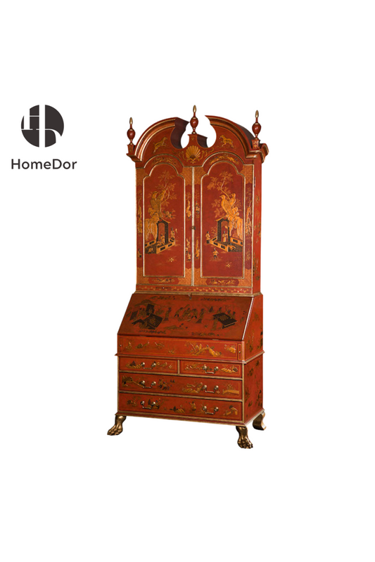 HomeDor HomeDor × FH&Home | Luxury Red & Black Lacquer Secretary Bookcase with Gold Landscapes-Red: L109cm × W60cm × H241cm-