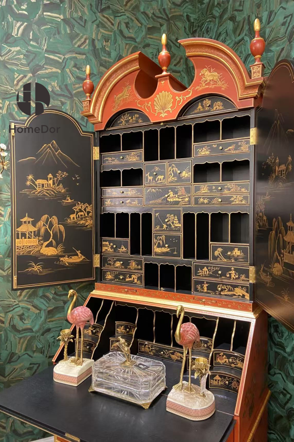 HomeDor HomeDor × FH&Home | Luxury Red & Black Lacquer Secretary Bookcase with Gold Landscapes-Red: L109cm × W60cm × H241cm-