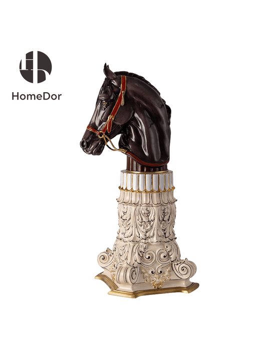 HomeDor × FH&Home | Luxury Polished Horse Head Ornament with Intricate Pedestal Carvings