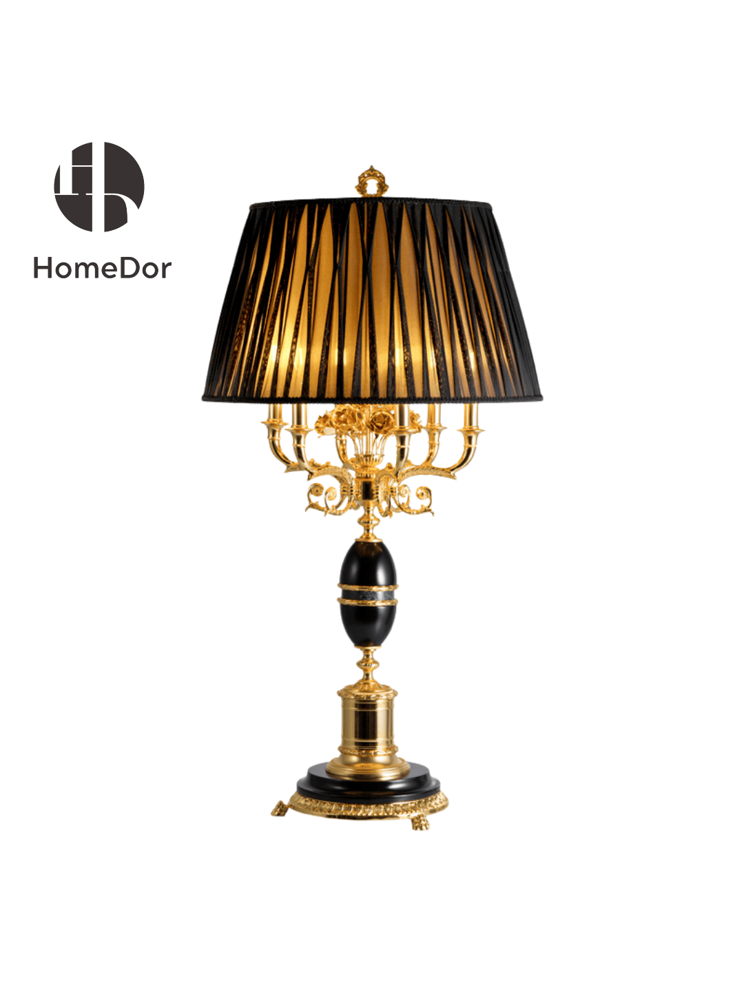 HomeDor × FH&Home | Luxury Porcelain Black & Gold Pleated Shade Brass Table Lamp