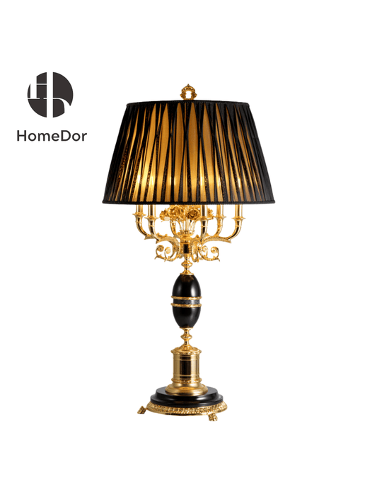 HomeDor × FH&Home | Luxury Porcelain Black & Gold Pleated Shade Brass Table Lamp