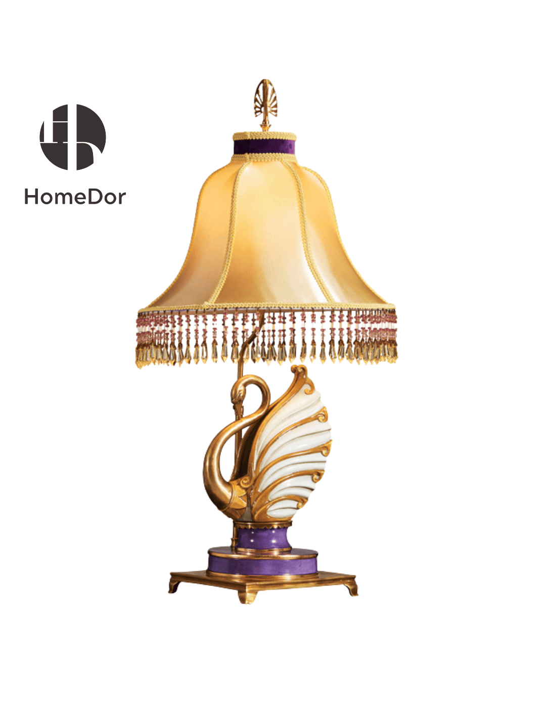HomeDor × FH&Home | Luxury Porcelain Gold and Purple Swan Table Lamps with Tassel Trimmed Shade & Brass Details2