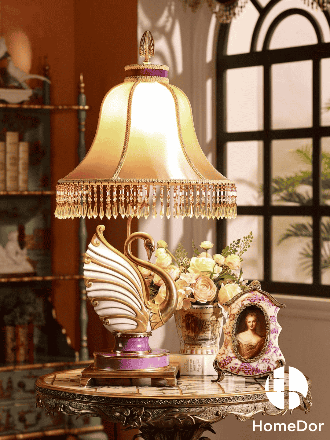 HomeDor × FH&Home | Luxury Porcelain Gold and Purple Swan Table Lamps with Tassel Trimmed Shade & Brass Details3